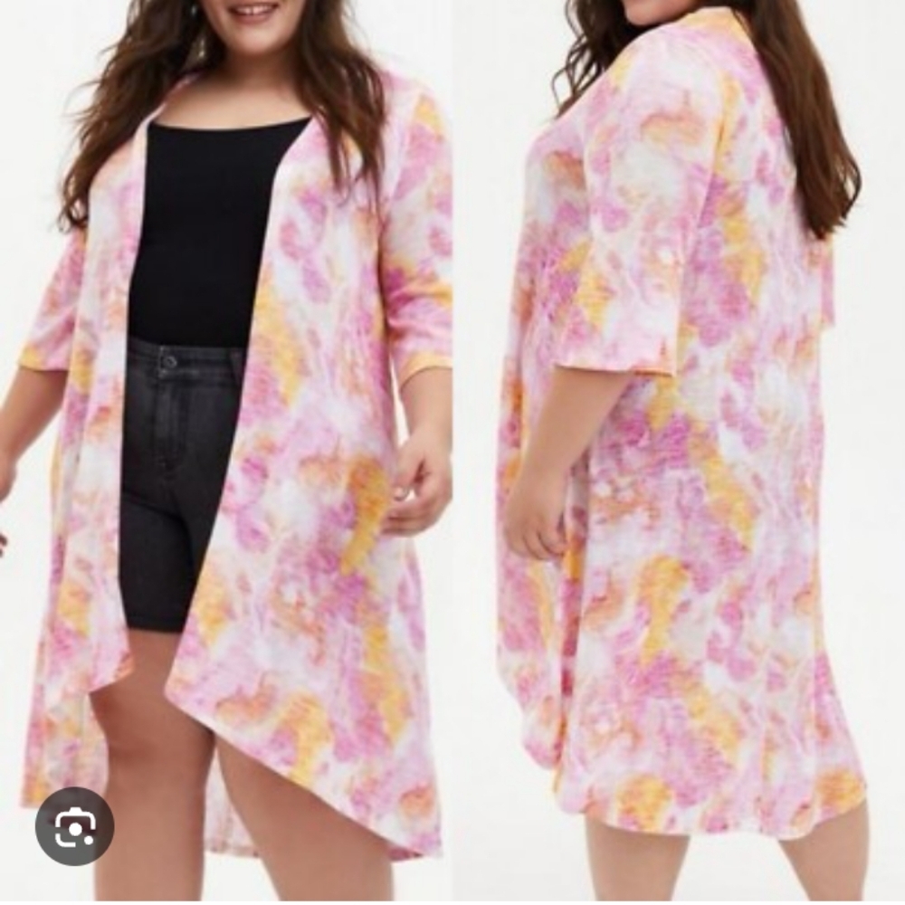 Torrid Hachi Longline Watercolor Knit 3/4 Sleeve Preppy Boho Kimono Cardigan 10
